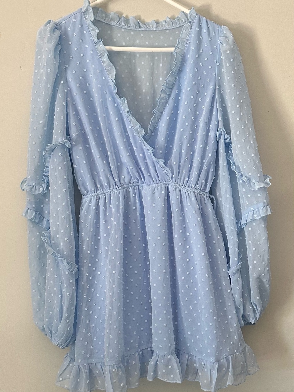 Showpo Sancha long sleeve frill mini dress size 4 dusty blue